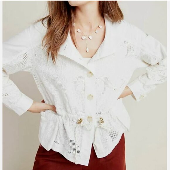 Anthropologie Jackets & Blazers - A by Anthropologie Anarok Button Down Womens Small White Eyelet Coat